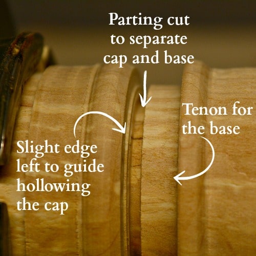 The parting tool makes the tenon, parting cut, and small ridge in a turned box