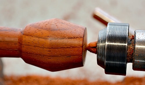 This is a close up of shaping the bottom or head of the muddler. There will only be a little nub of wood to be cleaned up here.