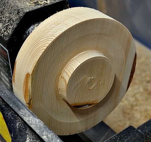 tenon turned on the larch blank ready to be flipped and mounted on the lathe